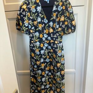 Draper James Yellow and Blue V-Neck Puff Sleeve Midi Dress